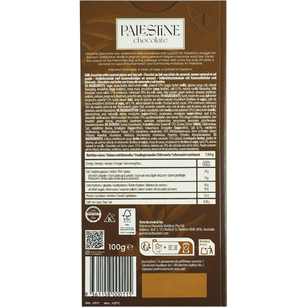 Palestine Chocolate – Karamell & Meersalz in Vollmilchschokolade 100 g