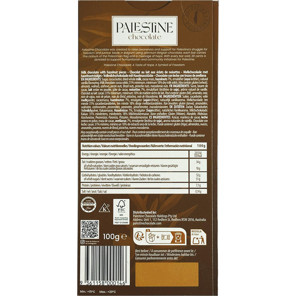 Palestine Chocolate – Hazelnuts Milk Chocolate (100 g)